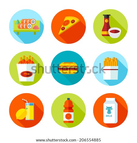 Set of grocery and food icons. Vector food stuff in flat modern style.