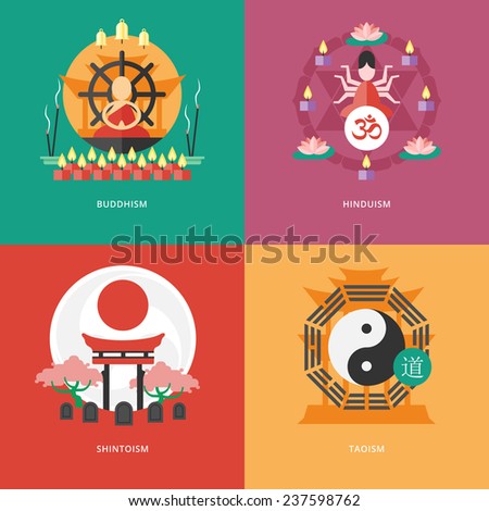 Set of flat design concept icons for religions and confessions. Icons for buddhism, hinduism, shintoism, taoism.