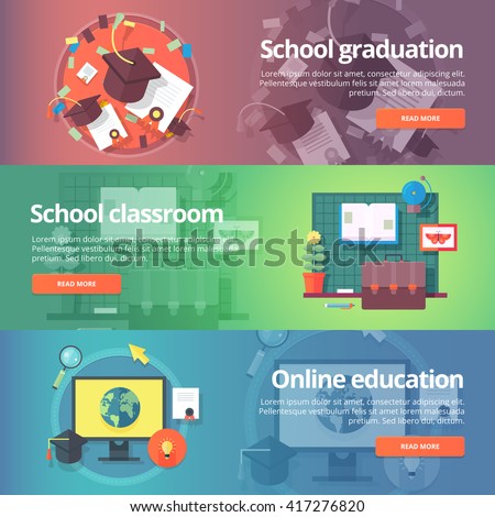 School graduation. Cap and gown. School classroom. Online education. Self education. Education and science banners set. Vector design concept.