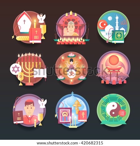 Set of religion icons. Religions and confessions illustration concepts. Flat modern style.