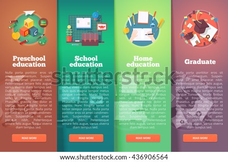 Steps of educational process. Types of knowledge resources. Preschool. Basic and elementary subject. Graduation. Education and science vertical layout concepts. Flat modern style.