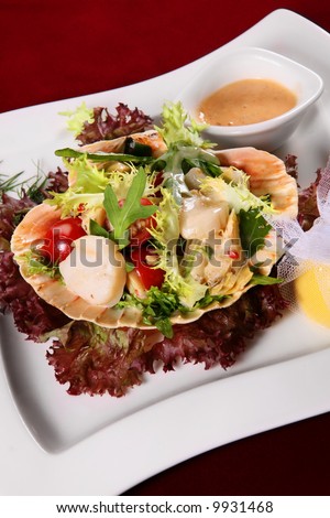 Seafood salad with vegetable on white square plate