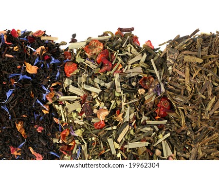 Tea herb variation mix closeup on white