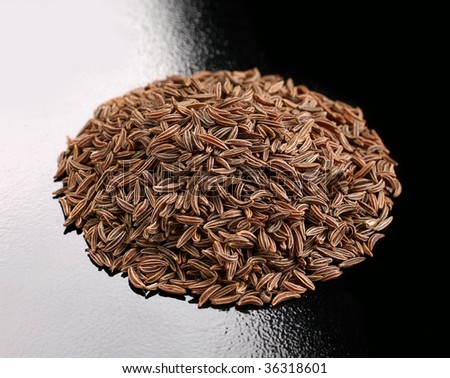 Caraway spice round heap closeup on black white background