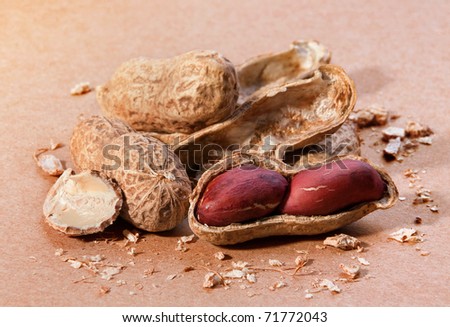 Peanut nut fruit group with shadow on brown background