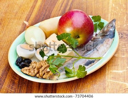 Ingredient egg, apple, herring for salad