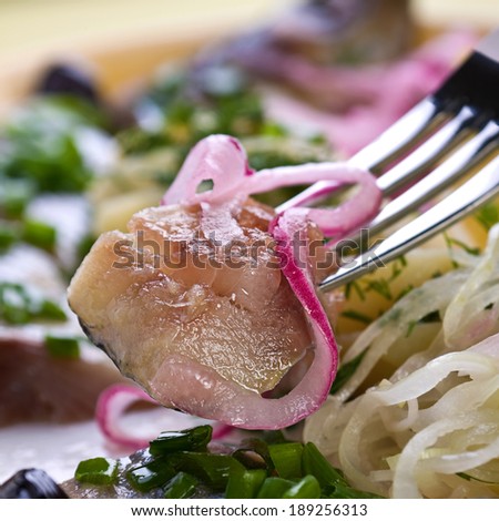 Salted fish mackerel with onion on spoon
