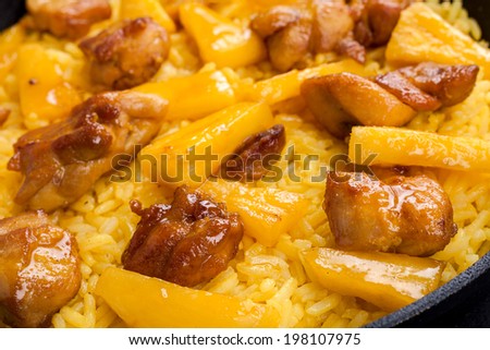 Pork meat piece rice and pineapple