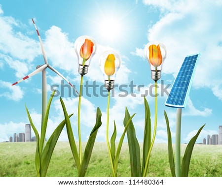 Concept of clean energy with solar panel and wind energy
