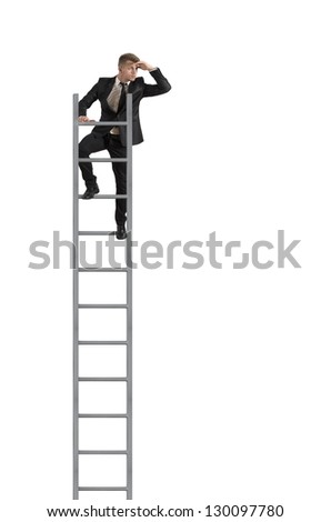Businessman looking the future on a stairs on white background