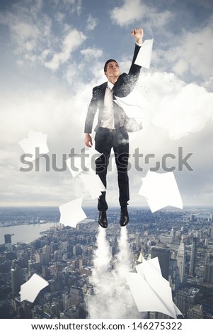 Super Hero Businessman Flying In The Sky