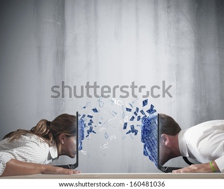 Concept of virtual love with boy and girl with laptop Concept of virtual love with boy and girl with laptop