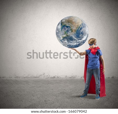 Concept Of Save The World With Young Super Hero. World Provided By Nasa