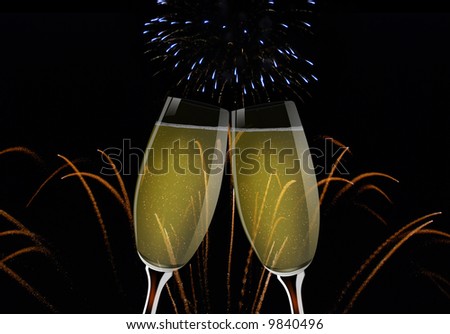 two glasses with sparkling wine and firework, for celebrate a new year or an other event
