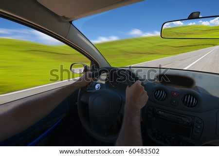 Driving the car in a green panorama