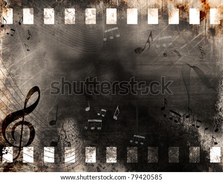 Grunge old film strip background with music notes