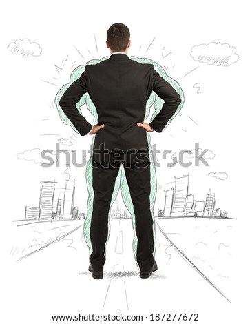 Concept of power of a businessman with drawing of a muscles