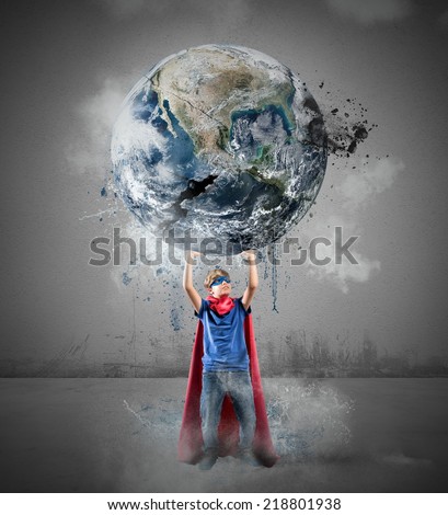 Little superhero saves the world. Earth provided by NASA