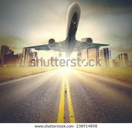 A plane takes off from a runway