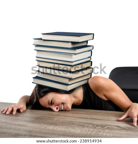 Women crushed on the table by books