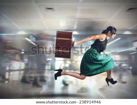 Woman runs late to the flight departure Woman runs late to the flight departure