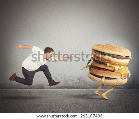 Insatiable fat man runs for catch sandwich