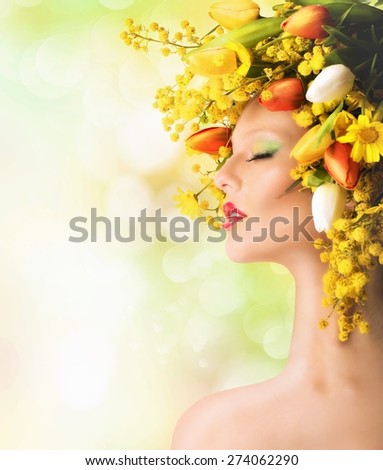Nature beauty with mimosa and colorful tulips