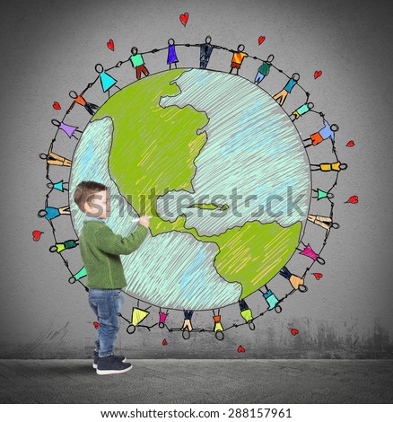 Child draws world with people holding hands