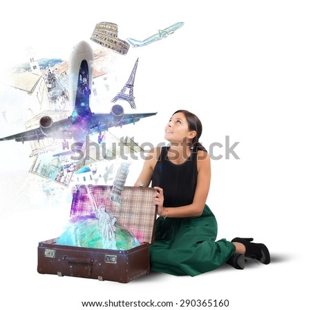 Traveler opens her suitcase full of memories