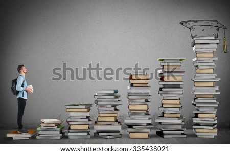 Student climbing a ladder of study books