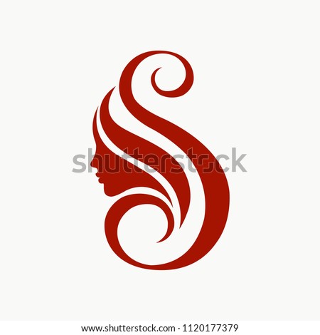 Beauty salon and spa vector logo.Letter S with swirls and woman portrait with wavy hair.
