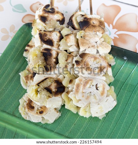 Banana grilled on banana leaf, dessert in Thailand