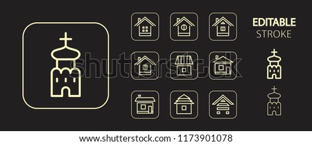 House, home, buildings, church, modern architecture buttons. Golden icon set. Simple outline web icons. Editable stroke. Vector illustration.