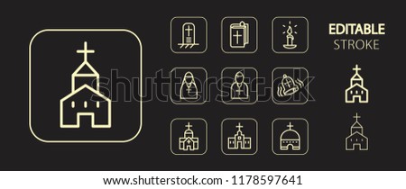 Religion concept. Christian and catholic religious buttons. Golden icon set. Simple outline web icons. Editable stroke. Vector illustration.