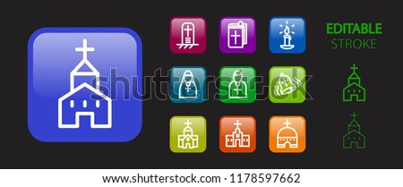Church icon set. Religion symbols. Christian and catholic religious buttons. 3d glossy colorful website icons. Editable stroke. Vector illustration.