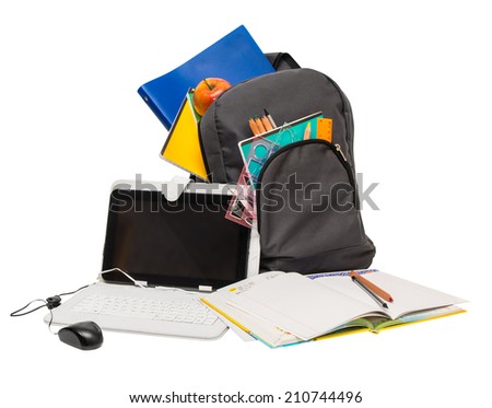 School backpack with school supplies and a tablet computer School backpack notebooks tablet computer ruler School backpack with school supplies and a tablet computer School backpack notebooks tablet computer ruler