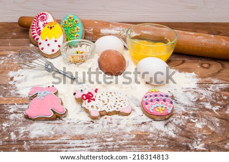 Easter cookies and ingredients for cooking delicious cookies.