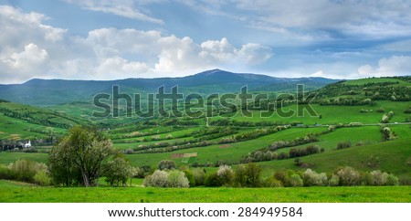 Carpathian mountains landscape. Trees, fields, a small village away and the road along the mountains