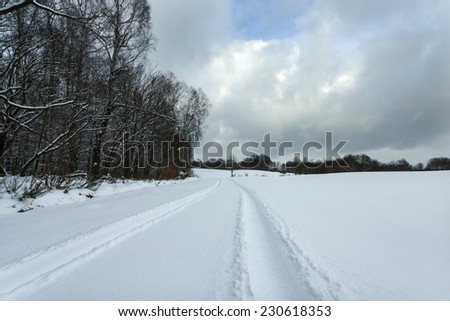Car tracks on fresh snow in north Polands field/Winter country road on snowy fields