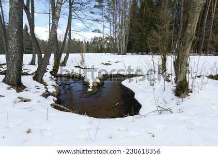 River in north Poland.Winter time.Pomerania (Pomorze) province/Winter river landscape
