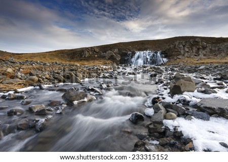 Frozen Waterfall in Iceland.Winter time landscape/Frozen Waterfall in Iceland Landscape