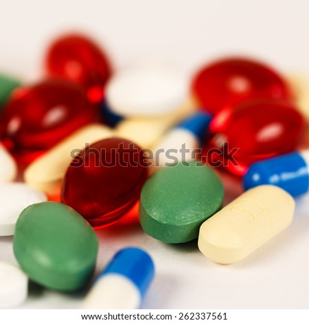 Colorful drugs and pills background in square format/ Drugs and Pills