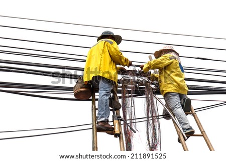 worker on bamboo ladder is repairing telephone line isolated on white