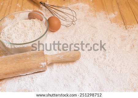 Close up Ingredients for baking cake on wooden deck