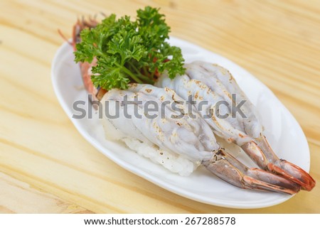 Traditional japanese food, Grilled king tiger prawn on wooden table