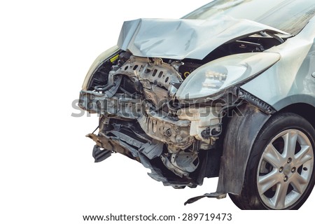 Close up front of accident car by crashed isolated on white background