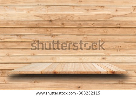Empty top wooden shelves and wooden wall background. For product display
