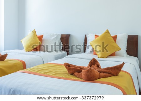 Luxury modern hotel room, Phuket, Thailand. Focus on towel