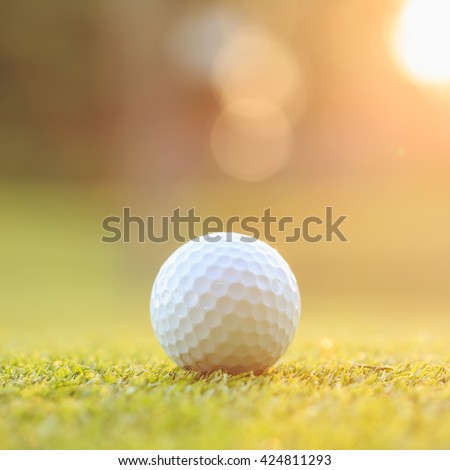 Close up golf ball on green grass in course