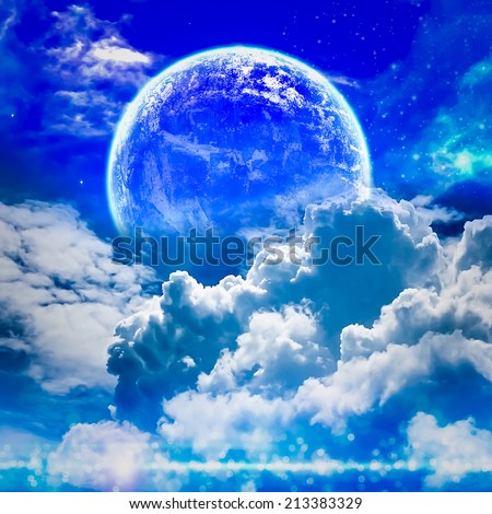 Peaceful background, night sky with full moon, stars, beautiful